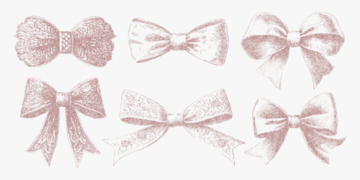 Set of bows with a glittery effect. Grainy stipple illustration with dotted halftone shading, visible photocopy effect and bold threshold outlines.