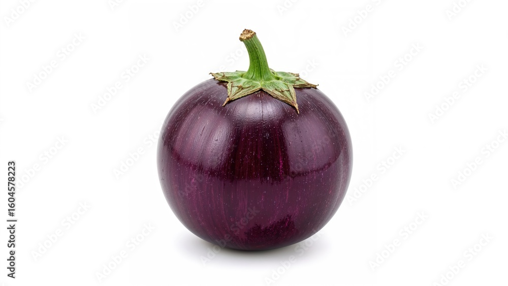 Poster eggplant isolated on a plain white surface, with sharp depth of field and clipping path present.