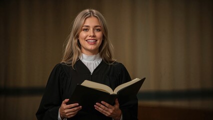 A light-haired individual in choir dress, grasping a music folder.
