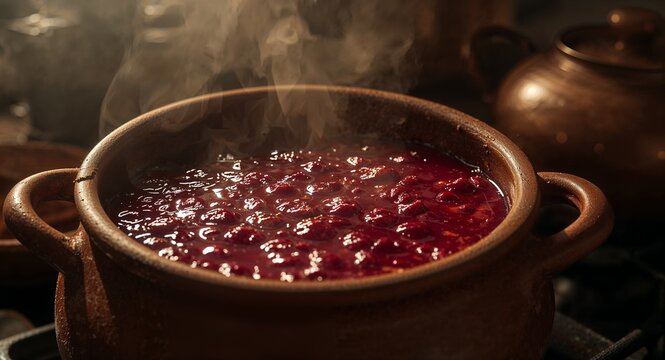 A close up of a steaming pot of red liquid with a clay pot and a clay jar in the background