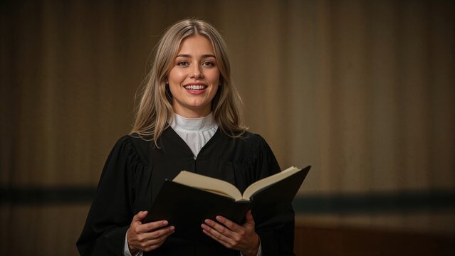 A light-haired individual in choir dress, grasping a music folder.