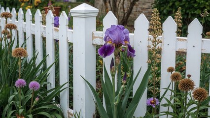 Bearded iris blooming in a charming garden nook with white accents
