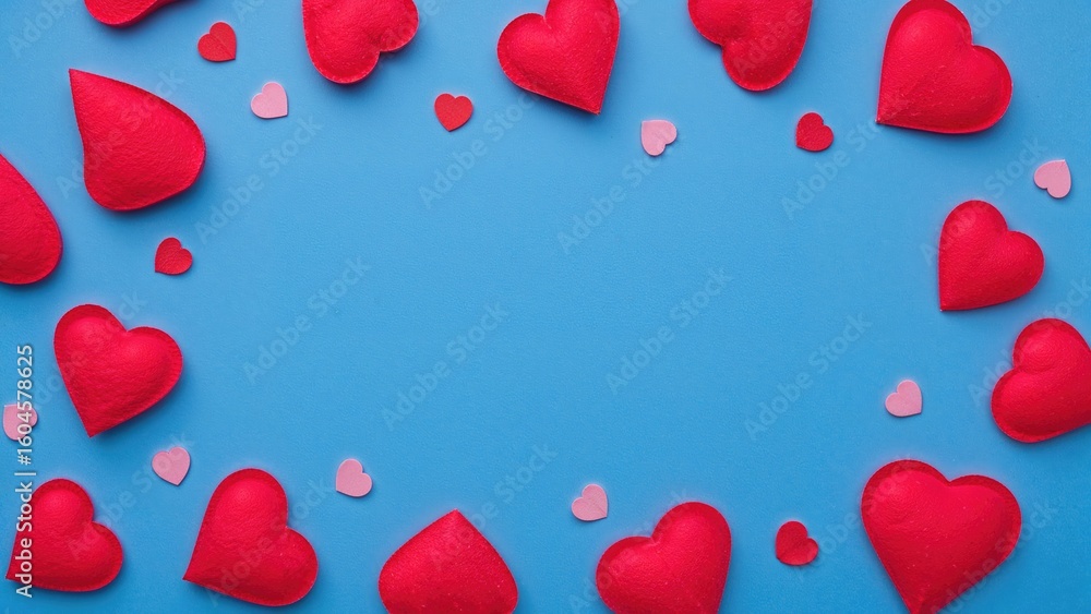 Aufkleber blue surface adorned with ornamental felt hearts. abstract background with empty space. theme of lov