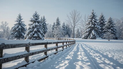 Naklejka premium Calm winter vista showing snow-heavy trees alongside a weathered fence blanketed by snow.