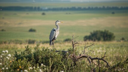 Fototapeta premium A lone heron resting on juniper foliage with a wide plain in the background