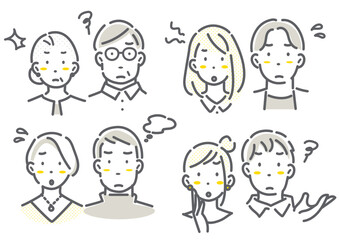 多世代のカップル・夫婦のアバターイラストセット　シンプルでお洒落な線画イラスト