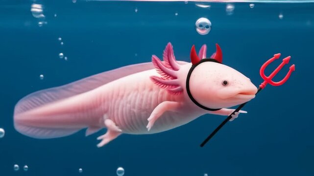 Adorable Axolotl in Devil Costume Underwater - A cute axolotl, wearing a devil costume and holding a tiny trident, swims gracefully underwater.