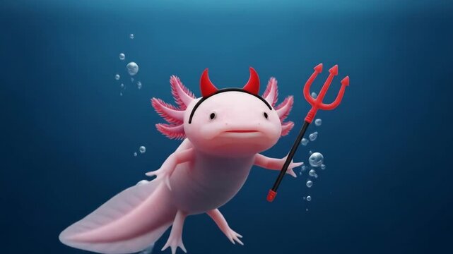 Cute Axolotl in Devil Costume Underwater - An adorable pink axolotl swims underwater, playfully holding a small red pitchfork. Bubbles rise around it in a serene blue environment.