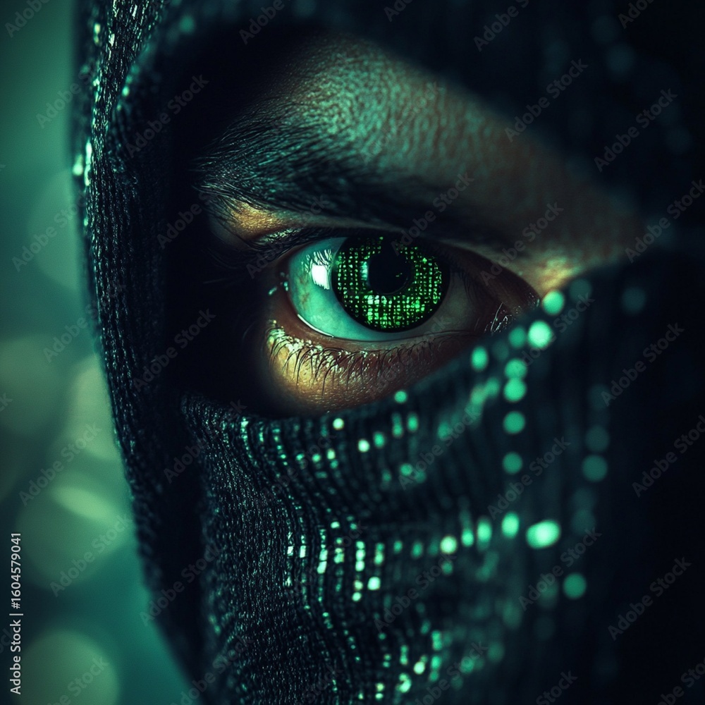 Poster anonymous figure shrouded in darkness reveals a mesmerizing eye filled with matrix code and digital 