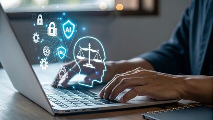 Person using laptop with digital legal and security icons overlay