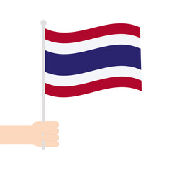 National flag of Thailand.Hand holding a pole of waving Thailand flag isolated on white background.Southeast Asia country.Vector graphic illustration symbol.