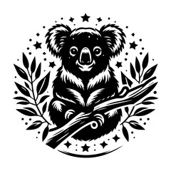 Obraz premium Stylized Black and White Koala with Eucalyptus Leaves and Stars