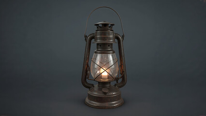 Rustic Oil Lantern with Candle Flame on Dark Background