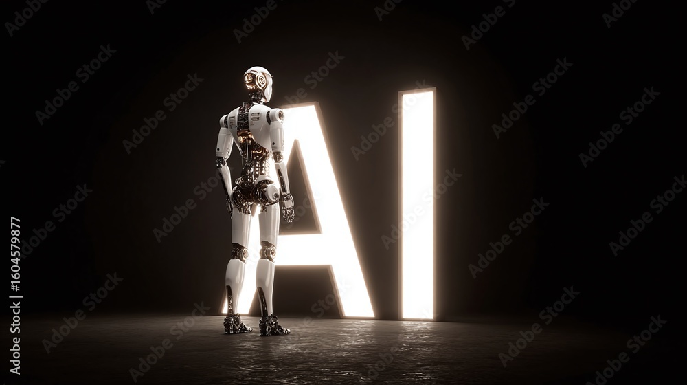 Poster a humanoid robot stands next to illuminated letters against a dark background, symbolizing artificia