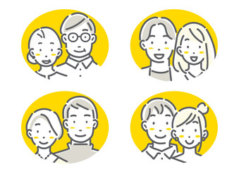 Multi-generational couple/married couple avatar illustration set Simple and stylish line drawing illustrations