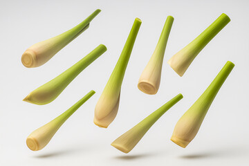 Lemongrass stalks in multiple angles on white background