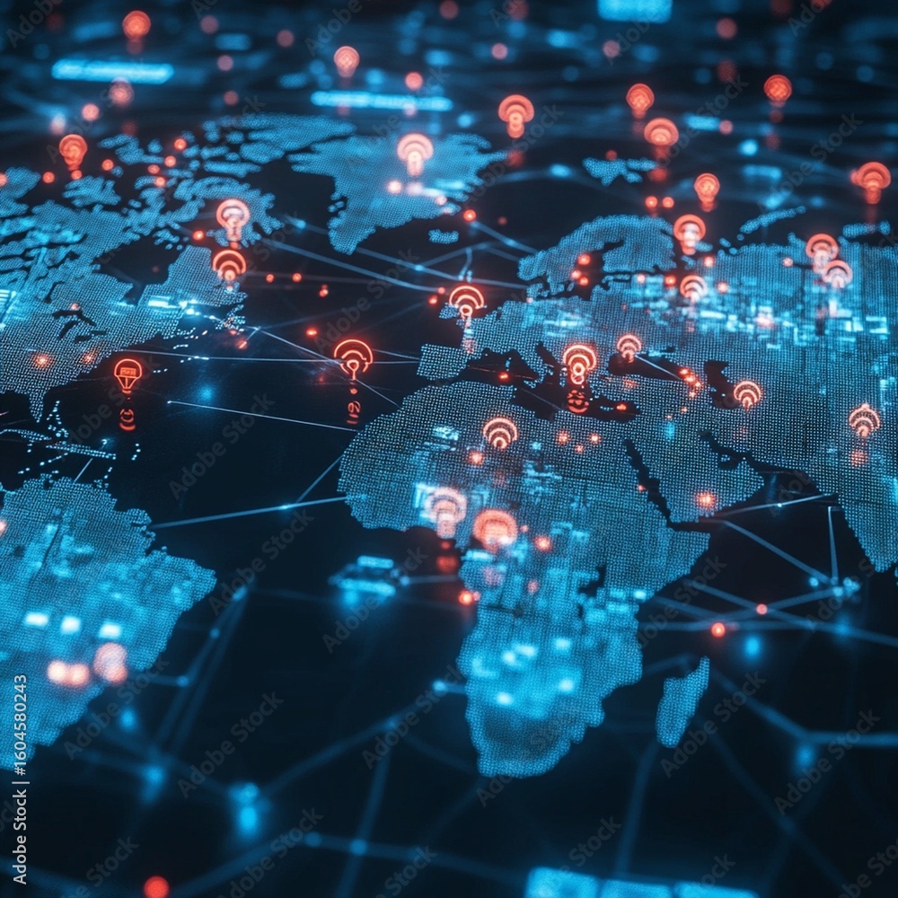 Poster digital world map concept depicts global network connectivity, illuminated by location points and co