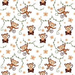 Seamless pattern with cute monkeys and jungle vines. Jungle animal vector illustration