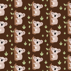 Seamless pattern with cute koala on tree. Adorable animal vector illustration for kids.