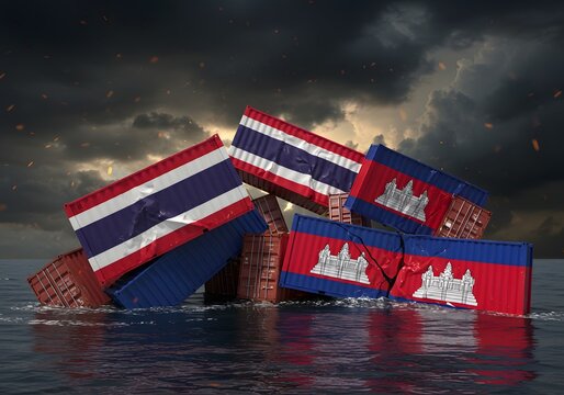 Thailand and Cambodia Trade Dispute Shipping Containers Overwhelmed in Stormy Seas, International Crisis
