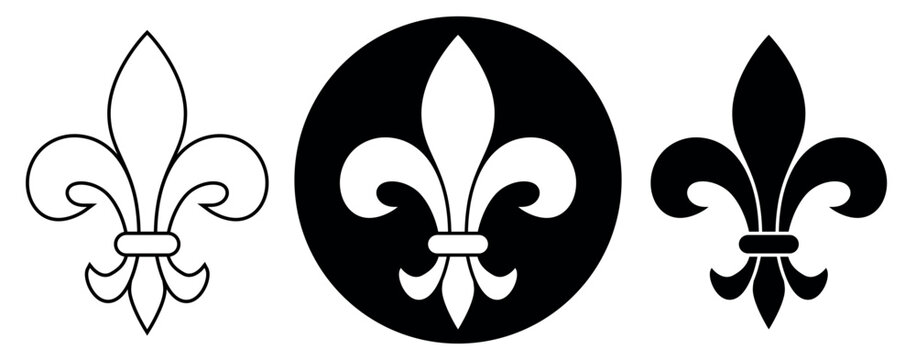 Fleur-de-lis, black and white vector silhouette set illustration of Lily flower heraldic charge shape symbol Fleur de lys, isolated on white