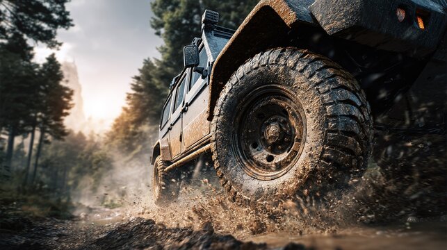 Muddy Off-Road Adventure: A rugged vehicle powers through a challenging terrain, showcasing its durability and off-road capabilities.