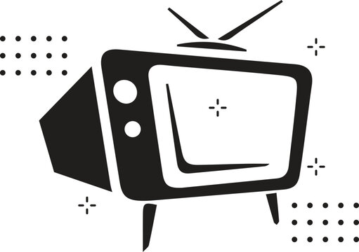 black and white retro tv illustration featuring classic antennas, control knobs, and vent lines. ideal for nostalgic or vintage media content.
