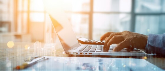 The laptop in hands of a professional working in a modern office environment.