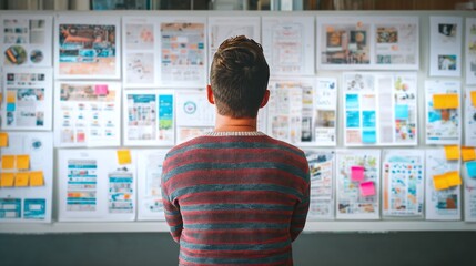 Man reviews design plans. Person in front of whiteboard covered in papers and sticky notes, contemplating design decisions for project development.