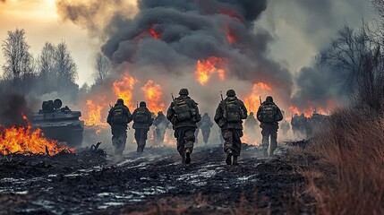 Military personnel marching through a battlefield engulfed in flames.