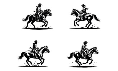 Horse riding illustration of cowboy on horse sport icons in black and white isolated design

