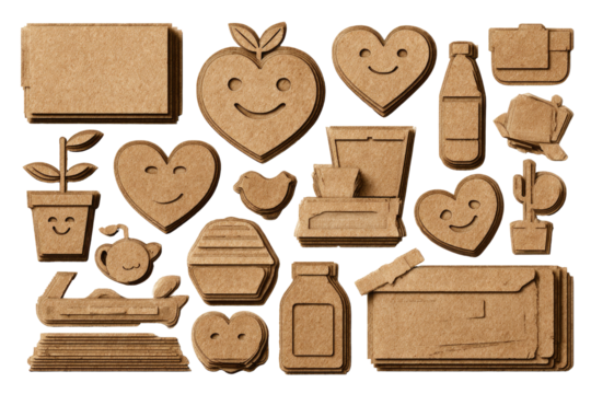Recycled Cardboard Icons.  Various food and household items depicted in a repeating pattern of cardboard shapes