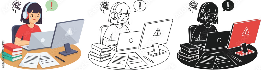 Poster frustrated student studying online with laptop and computer monitor showing error message vector des