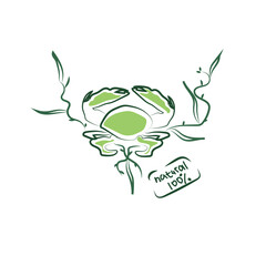 Vector doodle crab icon. Vector doodle seafood logo. Only healthy food. Also this illustration can be used as a sticker for products. Leaves on the background emphasize naturalness.