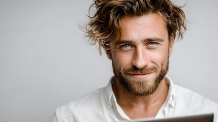 Obraz premium Headshot of a warm engaging man with an open thoughtful expression and a charming smile set against a plain background
