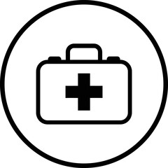 A simple black and white icon of a first aid kit inside a circle.