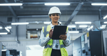Portrait of a Latin Female Worker in a White Hard Hat Walking Through a Modern, Well-lit Factory,...
