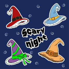 Stickers set collection for Halloween occasion. Cute and nice coloring magical hat. Halloween decoration autumn october festive