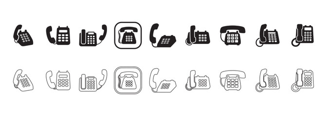Collection of Minimalist Telephone Icons from Vintage Rotary to Modern Desk Phones in Solid and Outline Styles