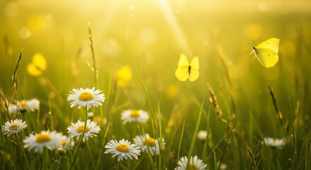 Golden sunlight bathes vibrant daisies and delicate butterfly in serene meadow bloom