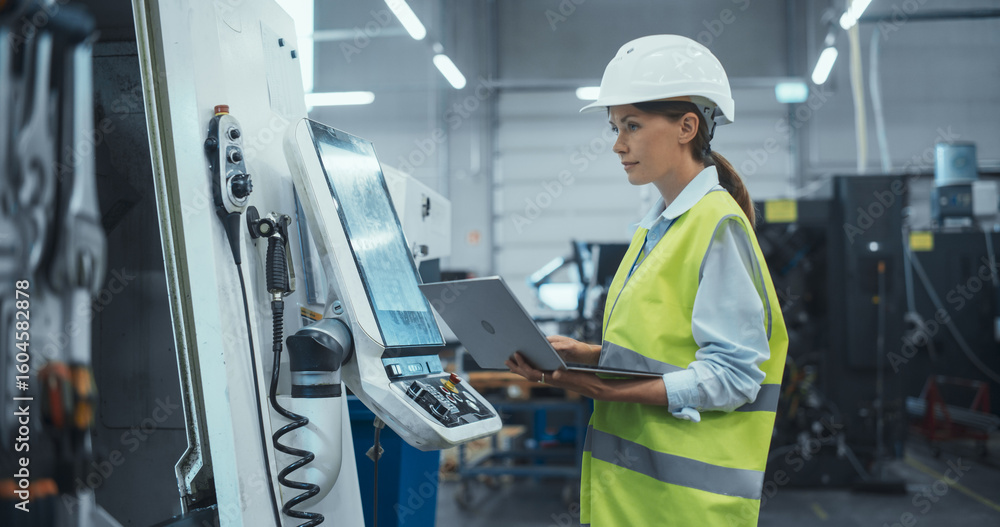 Poster female machinery technician using laptop computer and programming a cnc machine at an advanced metal