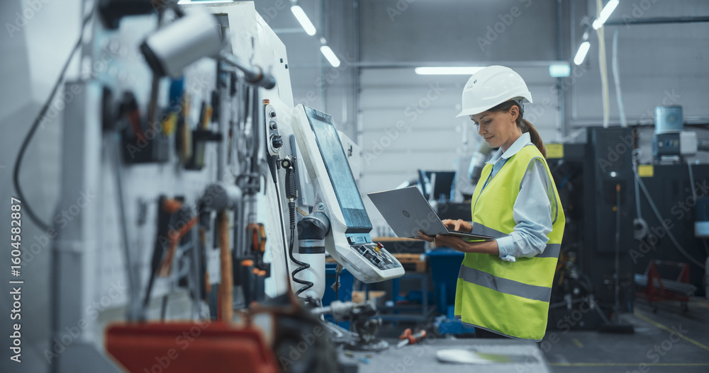 Poster female machinery technician using laptop computer and programming a cnc machine at an advanced metal