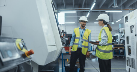 Diverse Female and Male Technicians Setting Up an Automated CNC Milling Machine at a Modern Industrial Facility. Professional Machinery Operators Use Laptop Computer to Setup the Production Line © Gorodenkoff