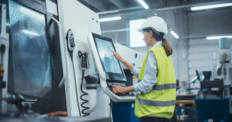 Female Machinery Technician Using Laptop Computer and Programming a CNC Machine at an Advanced...