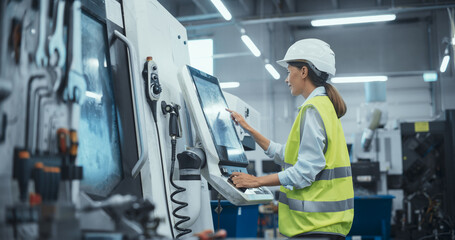 Female Machinery Technician Using Laptop Computer and Programming a CNC Machine at an Advanced...