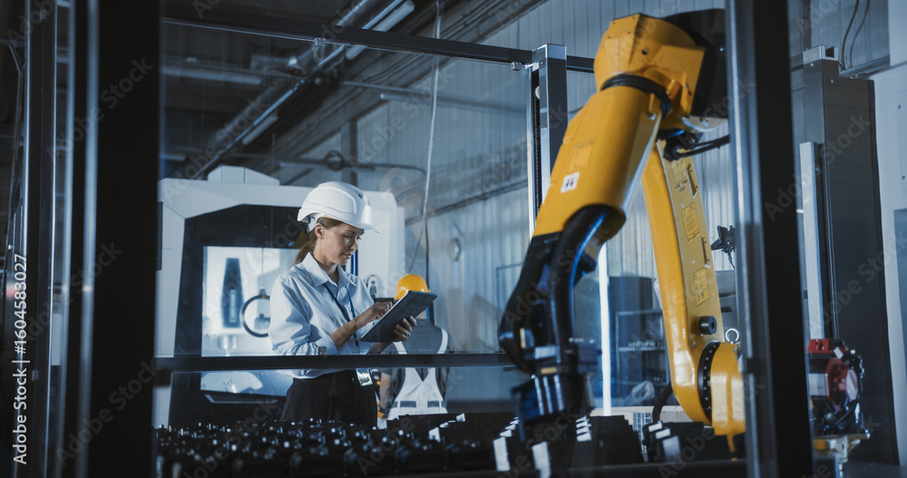 Poster electronics manufacturing technician working on a tablet computer at a factory space. caucasian fema
