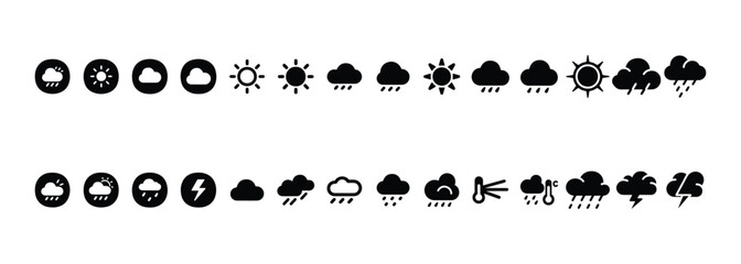 Obraz premium Black Vector Weather Icons Featuring Sun and Cloud Conditions for Forecasting 
