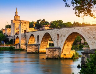 Fototapeta premium Ancient stone bridge over river at dawn