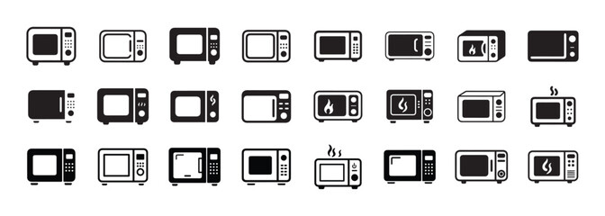 Microwave Oven Icon Set in Solid and Outline Styles with Heat Indicators