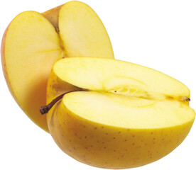 Two halves of a golden apple, one half lying face up revealing its core and seeds, against a white...